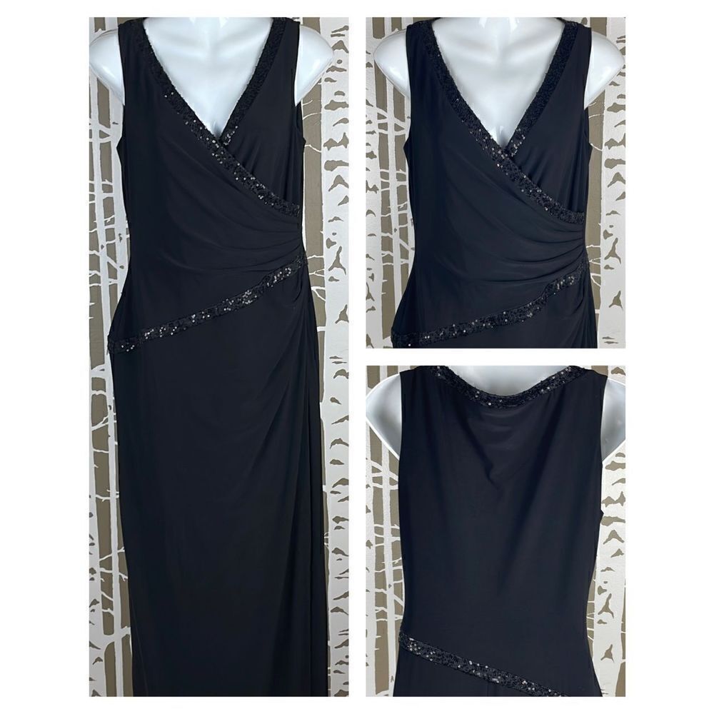 Chaps Evening Black Asymmetrical Sequin Accent Long Evening Gown sz 6